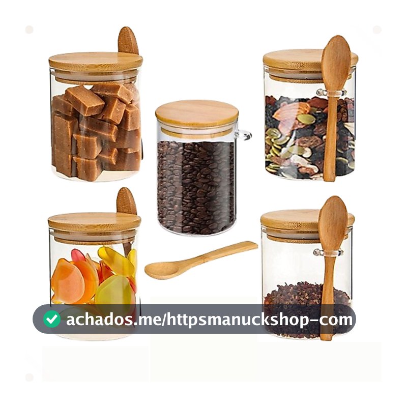 Kit 5 Potes Vidro 250ml com Tampa de Bambu Hermética e Colher – Porta Tempero Mantimentos