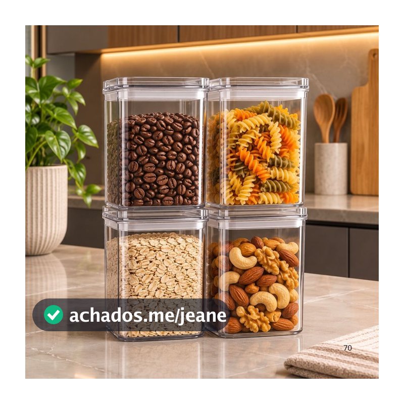 Kit 4 Potes Herméticos Acrílico 1L 1000ml Organizador Cozinha Despensa Transparente Tampa Vedação