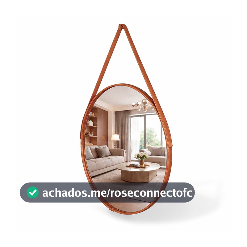 Espelho Redondo Decorativo Adnet Alça Couro Suporte 60cm Sala Quarto Banheiro