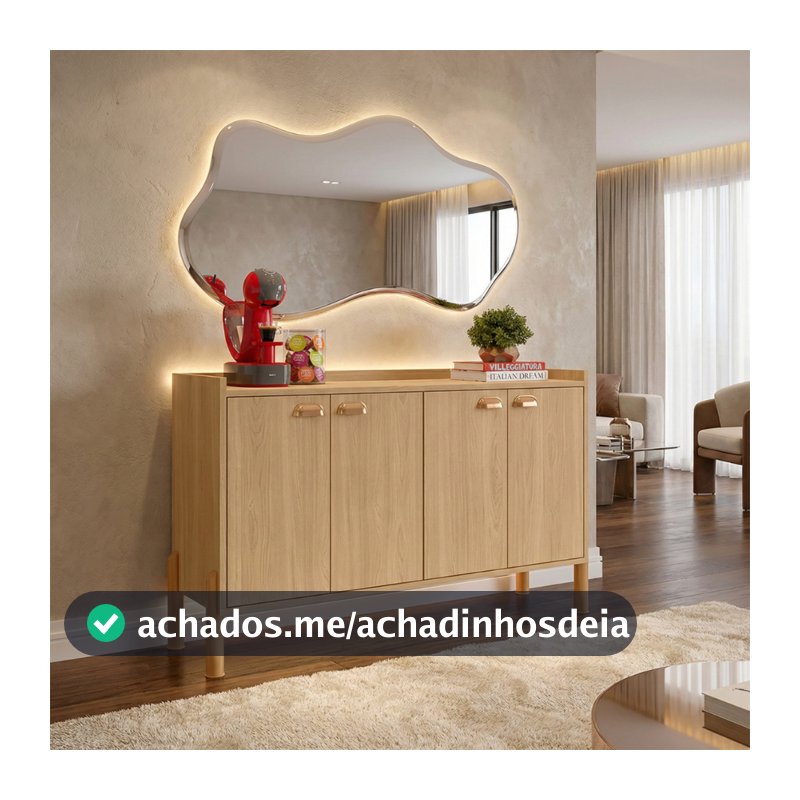 Aparador Chicago Organizador 4 Portas +  2 Prateleiras Internas  Puxador Concha Pés PVC Antiumidade  Chicago