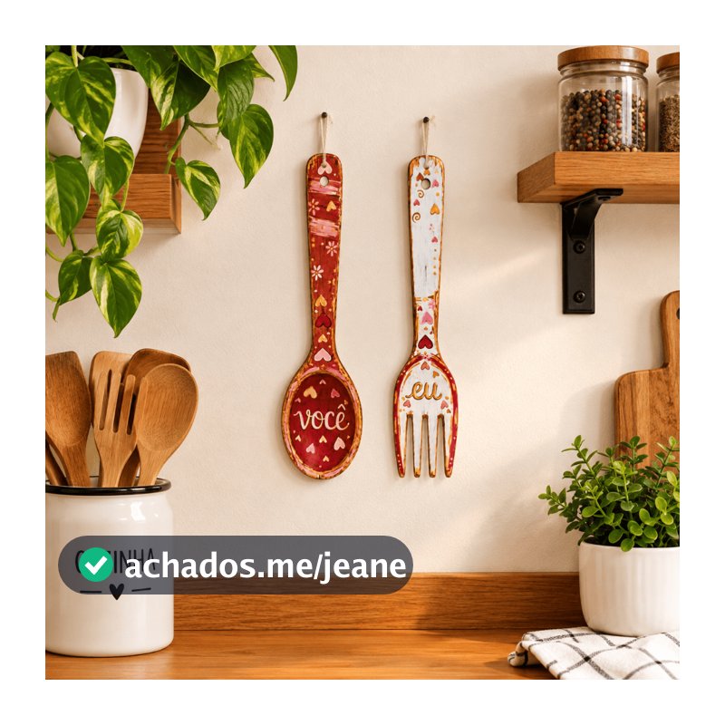 Kit 12un Enfeite Decorativo Garfo e Colher de Madeira para Pendurar Casa Cozinha