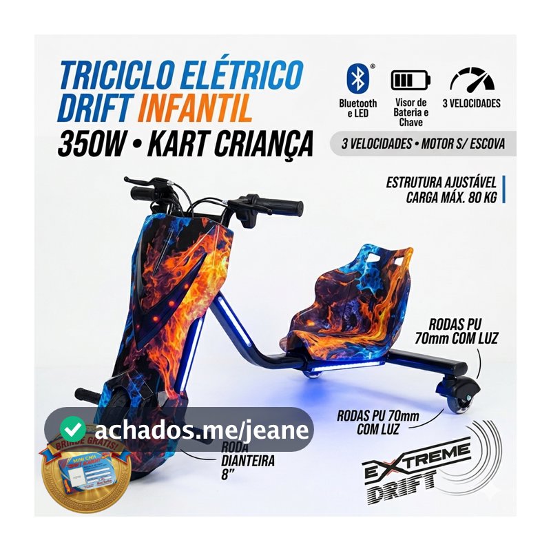 Ticiclo Patinete Elétrico Infantil Drift 36V 350W 3 Rodas Ajustável Até 80kg Fogo E Água
