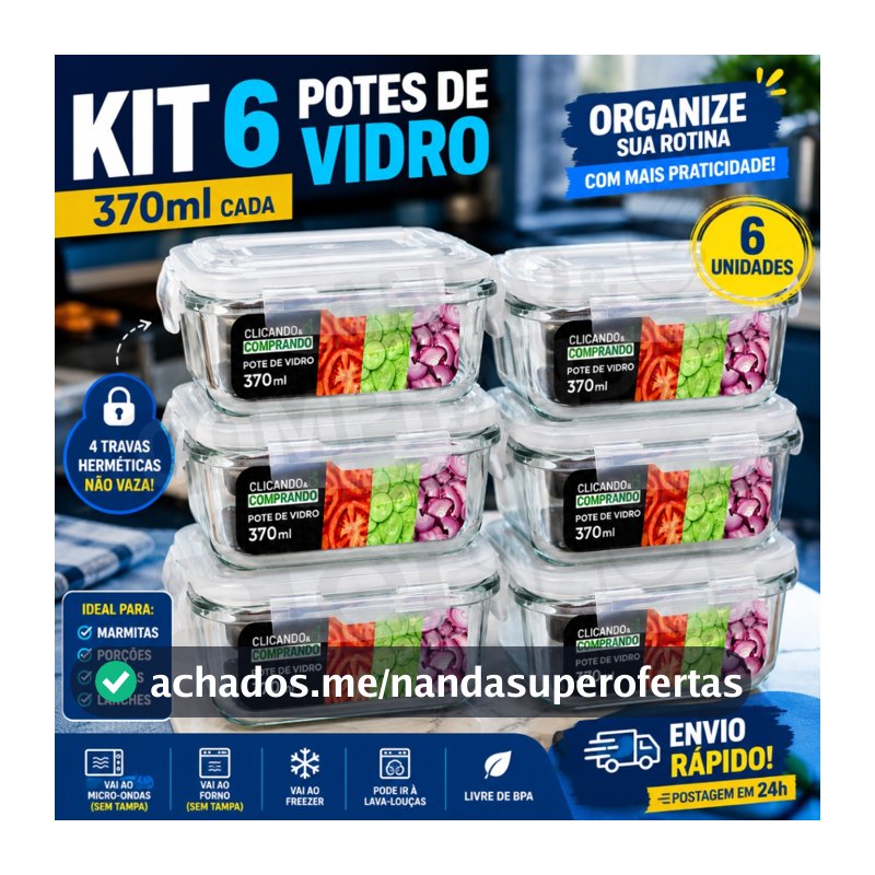 Kit 2 À 6 Potes Hermético Marmita 4 Travas Vidro Quadrado 370ml