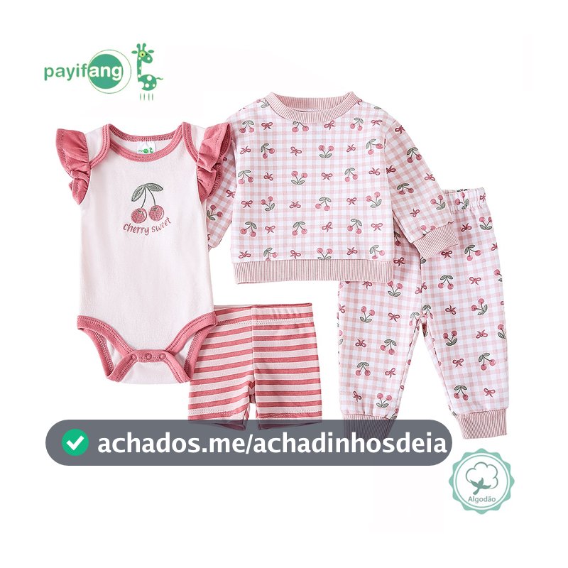 Kit 4 Peças Conjunto Roupa Bebê Menina 60% Algodão 40% Poliéster Body Cereja + Blusa Xadrez + Calça + Shorts TM-4029