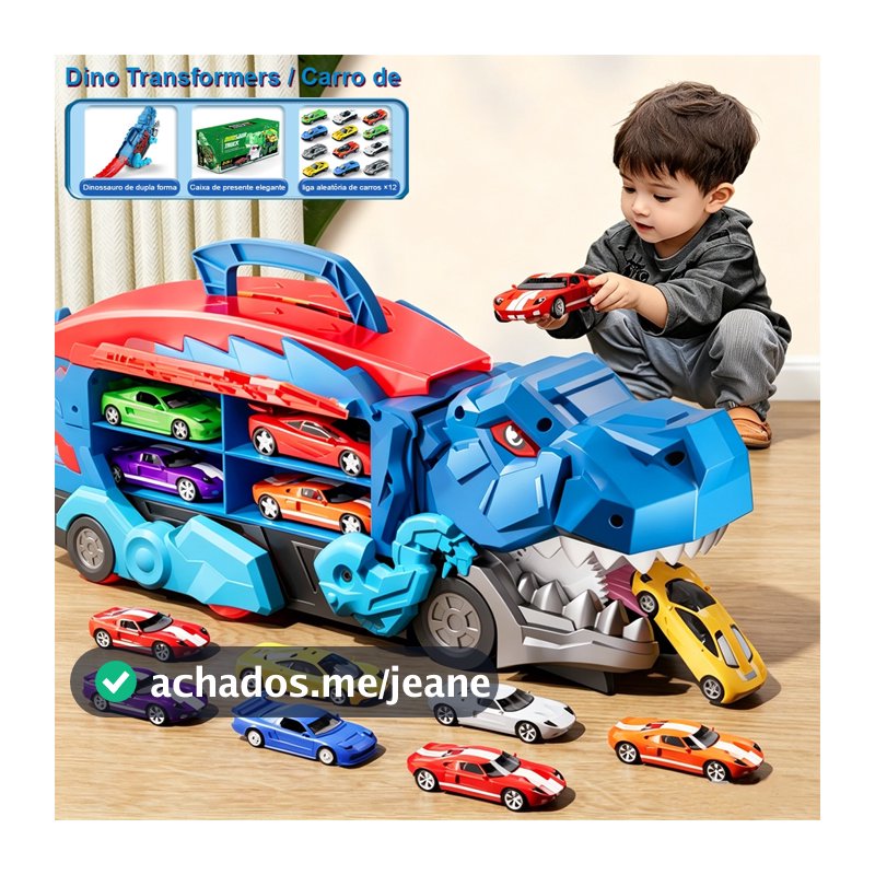 Caminhão Dinossauro Engole Carrinhos com 12 Carros de Metal Transformável com Pista Rampa e Alça