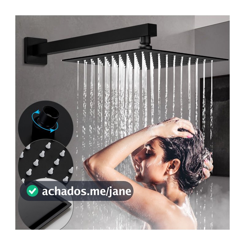 Ducha Chuveiro Quadrado Com Braço Inox 20x20cm Cor Preto Cromado Dourado