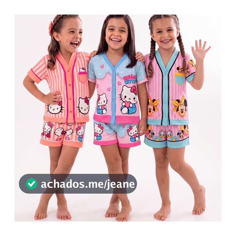 Pijama Infantil Menina Americano 3D Hello Kitty Minnie Snoopy Manga Curta e Short Verão Soft Suede Feminino 1 a 10 Anos