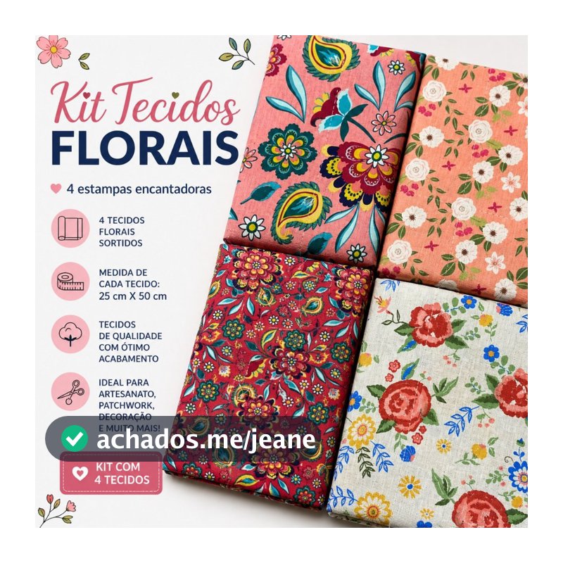 Tecido Tricoline Kit 4 unidades de 25 cm x 50 cm 100% algodão floral flores  candy arabesco primavera retalhos