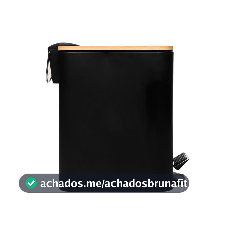 Lixeira Retangular de Metal com Pedal e Tampa em Bambu Preta 5L - Lyor