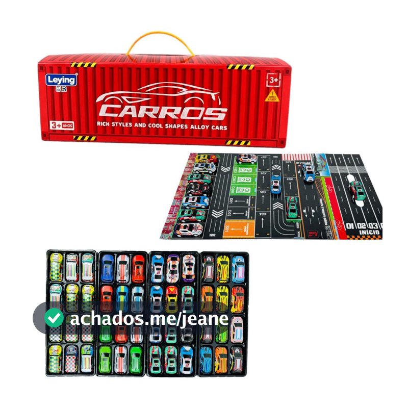 Kit Carrinhos 48 Metálicos Com Maleta Container Mais 2 Mapas De Cidade Caixa Vira Pista