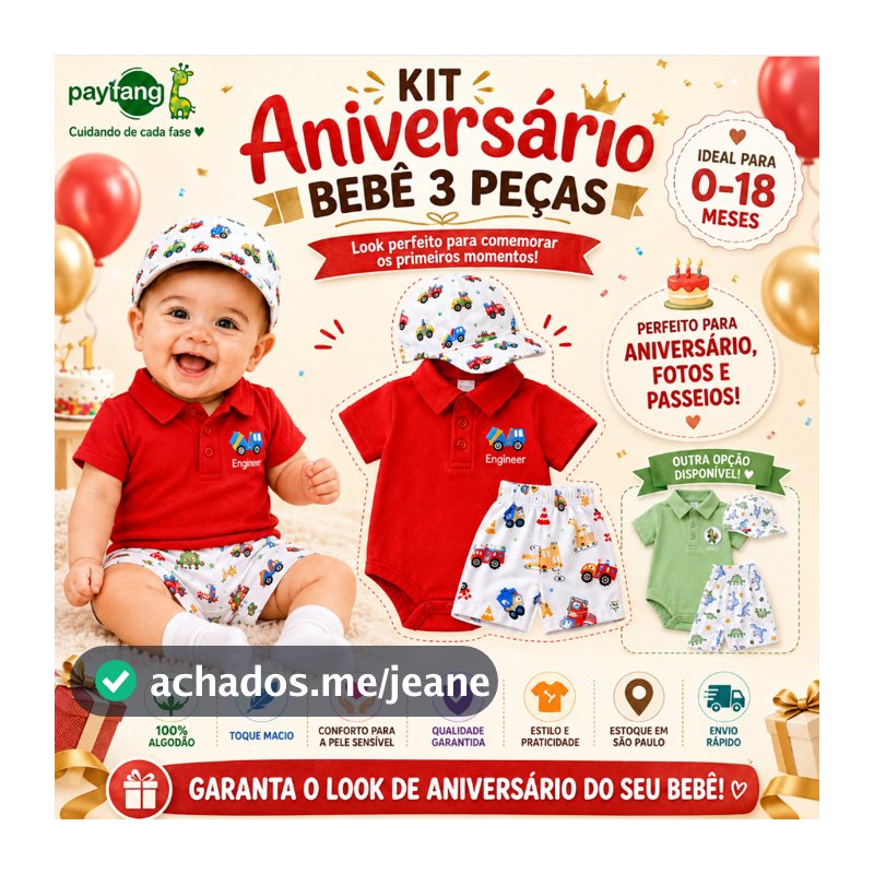 Conjunto Bebê Menino 3 Peças Body Polo Shorts Boné 100% Algodão 0 a 18 Meses Estampa Carros