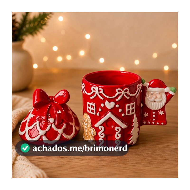 Caneca Com Tampa Papai Noel e Biscoito De Natal Gingerbread Caneca Decorativa De Porcelana