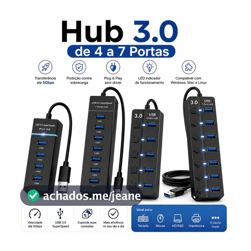 Hub Grande Cabo USB 3.0 Adaptador 7 Portas Alta Velocidade Notebook PC Mouse Teclado 5Gbps Pen Drive