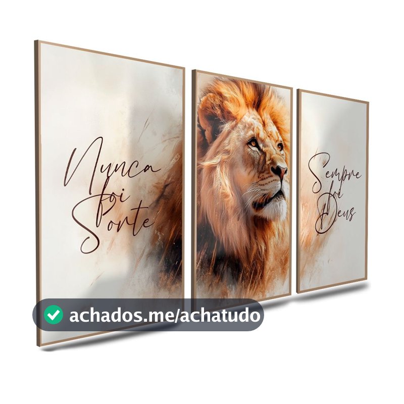 Quadro Decorativo Leão Motivacional Nunca Foi Sorte Sempre Foi Deus Fé Força e Inspiração 122x60