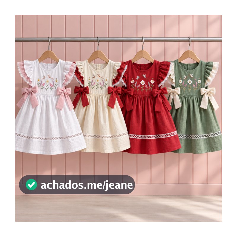 Vestido Feminino Infantil Com Amarração Lateral Vestido Kids com Babadinhos em Mangas Bordado Floral