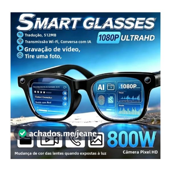 Óculos Inteligentes com Câmera  Gravação de Vídeo, Reconhecimento de Foto por IA, Chamada Bluetooth, Tradução por Voz, Ó