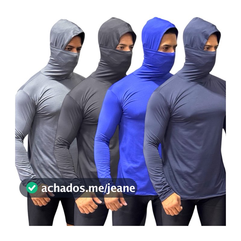 Camisa Térmica Masculina  Manga Longa Com Capuz e Balaclava Touca Ninja Proteção Solar