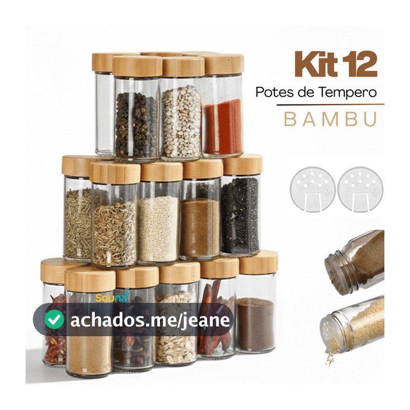 Kit 12 Potes Temperos De Vidro Tampa Bambu Porta Condimentos Sal Pimenta Cozinha Restaurante Bar