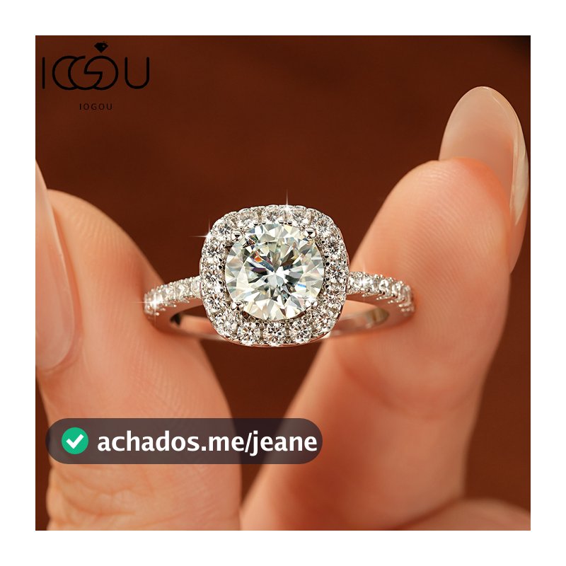 IOGOU Anel Solitário Halo Moissanita 2ct GRA D-Color VVS1, Corte Redondo, Folheado a Ouro, Feminino, Noivado, Casamento