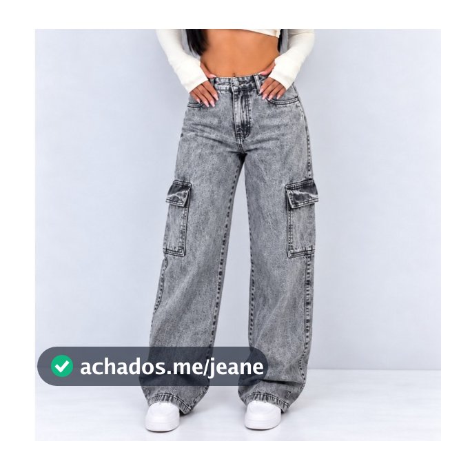 Calça Cargo Jeans Feminina Wide Leg Cintura Alta Levanta Bumbum Bolsos Laterais Modeladora Premium Tendência 2026 ENVIO