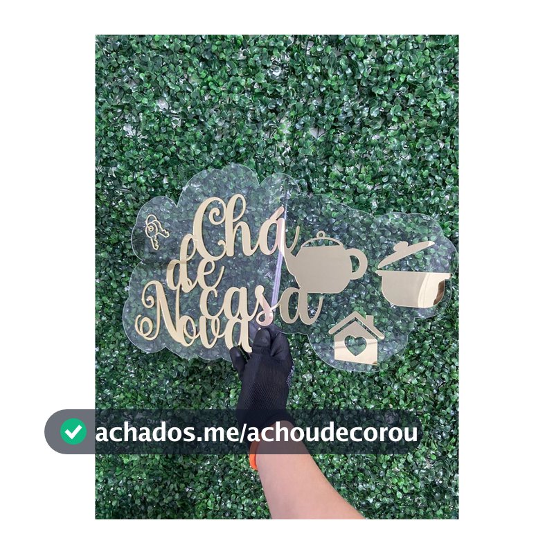 Placa Acrílico Transparente Chá de Casa Nova Personalizada Letras Douradas Bule Chave Panela 30cm Decoração Festa