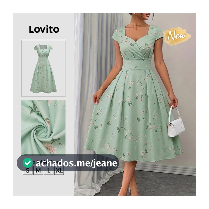 Lovito Vestido Feminino Verde Floral com Pregas e Zíper Modelo Longo A DRB39BR018