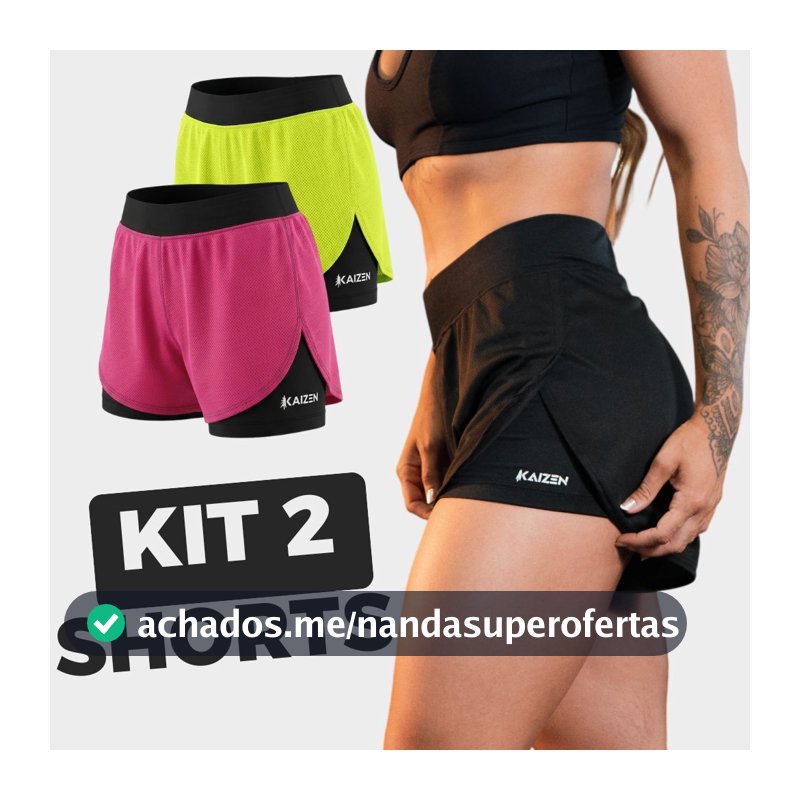 KIT COM 2 SHORTS FEMININO 2 EM 1 FEMININO DRY FIT C/ Bolso Porta Celular Kaizen Academia, Treino