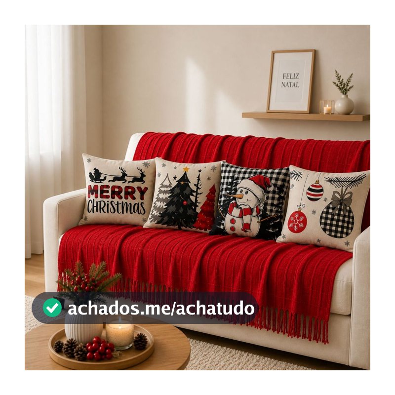 Kit Manta Decorativa 1,40x1,70 + 4 Capas de Almofada Natal 43x43 para Sala e Sofá Decoração Natalina
