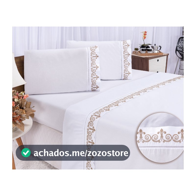 Jogo de Lençol Bordado para Cama Casal Queen Percal 400 Fios Toque de Algodão 4 peças