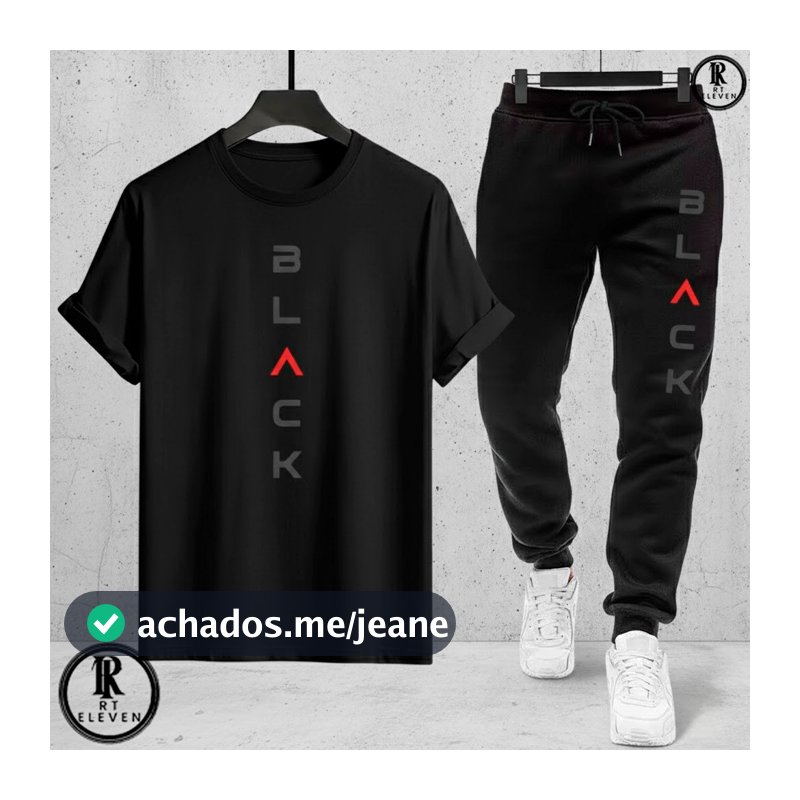 Kit Conjunto Camiseta e Calça moletom Moda masculina camiseta casual Black Malha Algodão + calça Moletom Com bolso