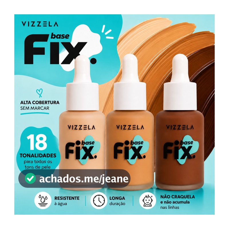 Base Líquida Fix Vizzela 30ml Média Cobertura Matte Base Maquiagem Pele