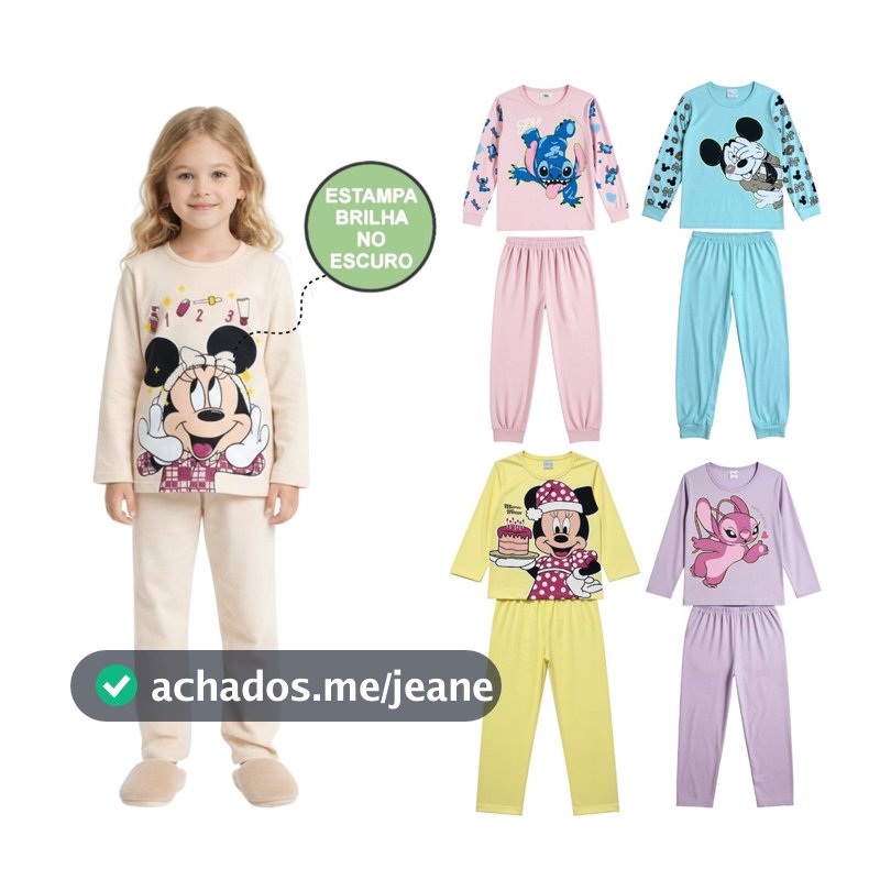 Pijama Que Brilha no Escuro Personagens Manga Longa Menina Infantil Minnie Stitch Marie Inverno