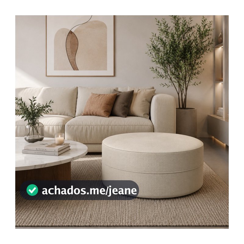 Puff Soho Redondo Grande Decorativo e Moderno Linho Areia Minimalista e Comtemporâneo