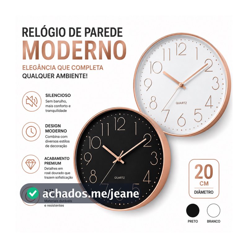 Relógio Parede Analógico Moderno Rosé Branco Preto - Silencioso Redondo 20cm Decorativo Quarto