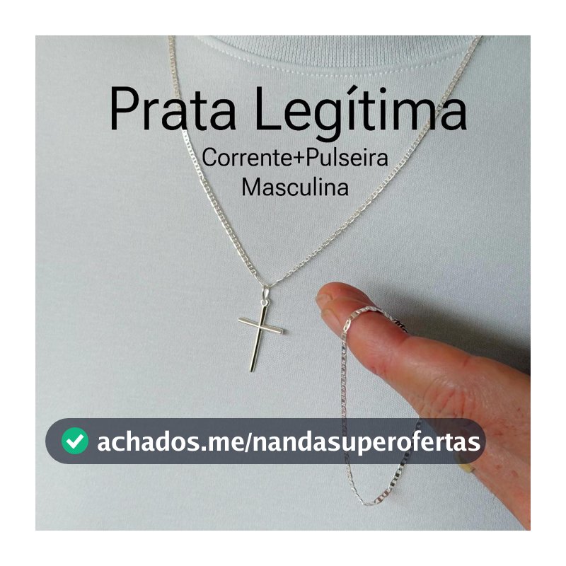 Corrente Piastrini Prata 925 Legítima Masculina + Pingente Cruz+ Pulseira Acabamento Premium