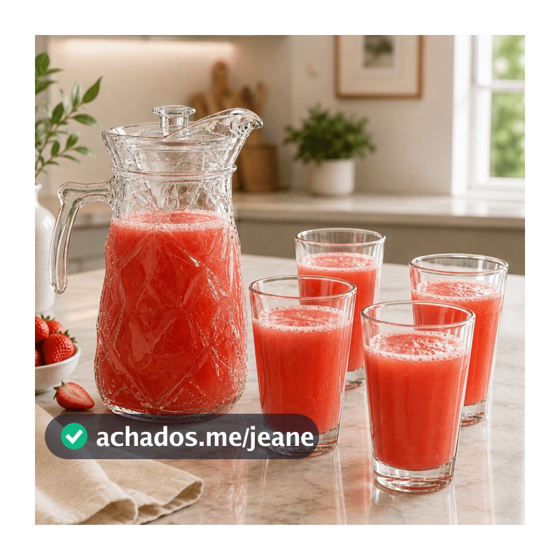 Kit 5 Peças 1 Jarra de Vidro 1,8 L + 4 Copos Alto em VIDRO LISO Jarro com TAMPA Agua Suco Cha