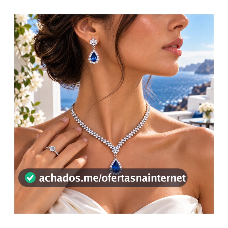 Kit 3 Peças Feminino Prata Colar e Brincos Gota Azul Cravejado com Anel Brilhante Festa Casamento Formatura Madrinha
