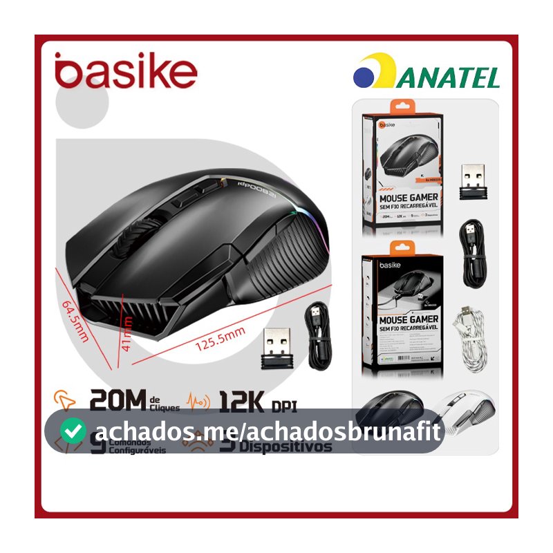 Basike Mouse Sem Fio BLuetooth 12000DPI Ajustável 3 Modos，Mouse Gamer Ergonômico RGB para Notebook，PC e Teclado，MOU339