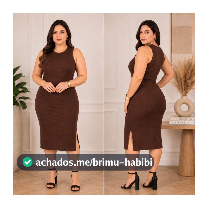 Vestido Feminino Regata com Fenda Lateral Canelado Midi