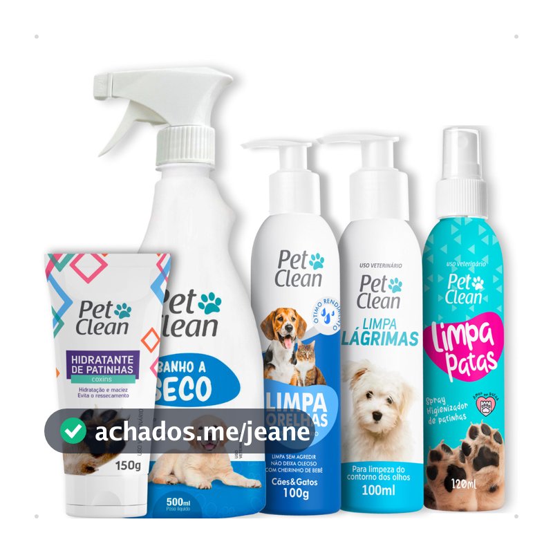 Kit Higiene 5 em 1 Pet Clean: Limpa Patas + Lágrimas + Orelhas + Banho a Seco + Hidratante Patinhas