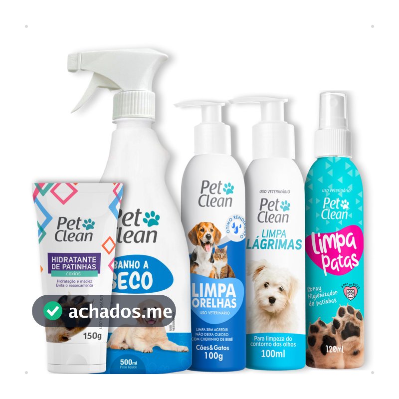 Kit Higiene 5 em 1 Pet Clean: Limpa Patas + Lágrimas + Orelhas + Banho a Seco + Hidratante Patinhas