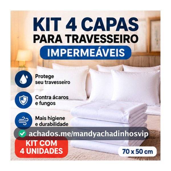 Kit 4 Capas Protetoras para Travesseiro Impermeáveis com Zíper 70x50 Anti Líquido