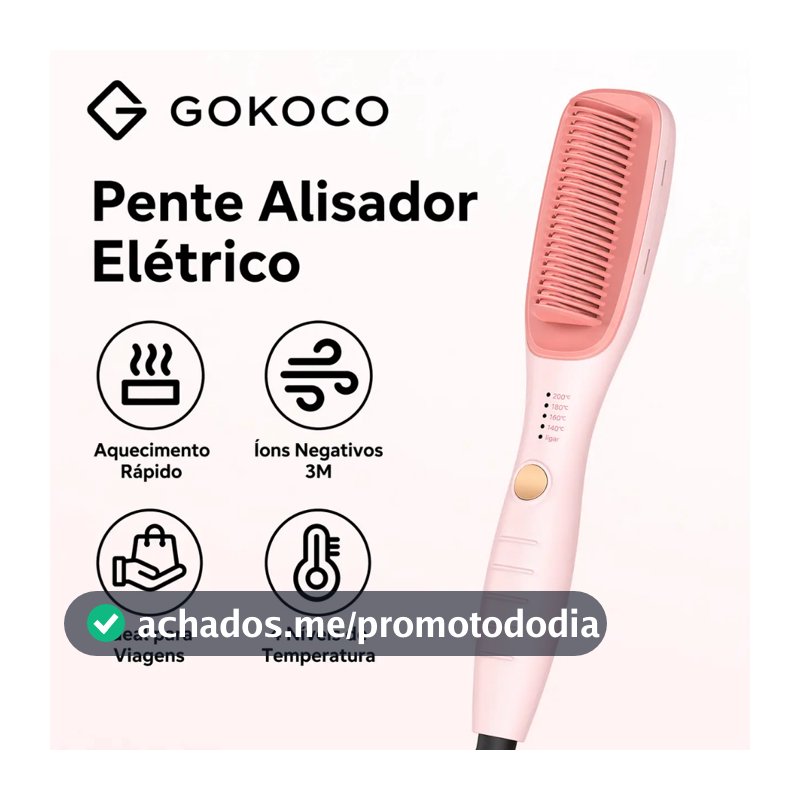 GOKOCO Escova alisadora alisamento instantâneo aquecimento rápido quatro configurações de temperatura íons negativos 3M