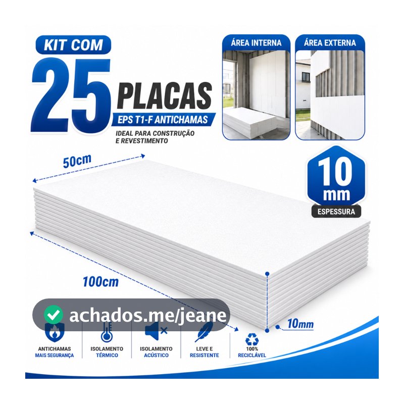 Kit 25 Placas Isopor EPS T1-F 10mm 100x50 Antichamas Construção Decoração Revestimento