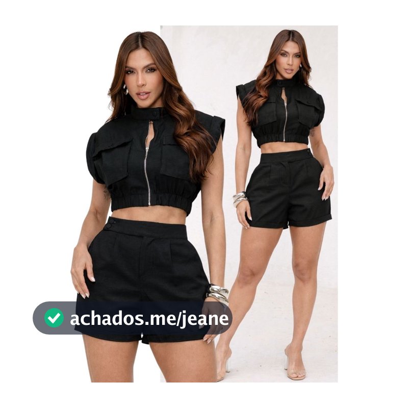 Conjunto Feminino Alfaiataria Cropped Cargo Shorts Casual Moda Blogueira