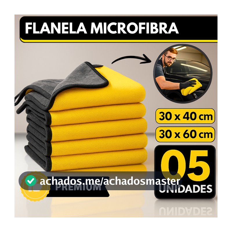 Kit 05 Flanela Microfibra Automotiva 30x40 30x60 600GSM Premium Para Lavagem de Carro