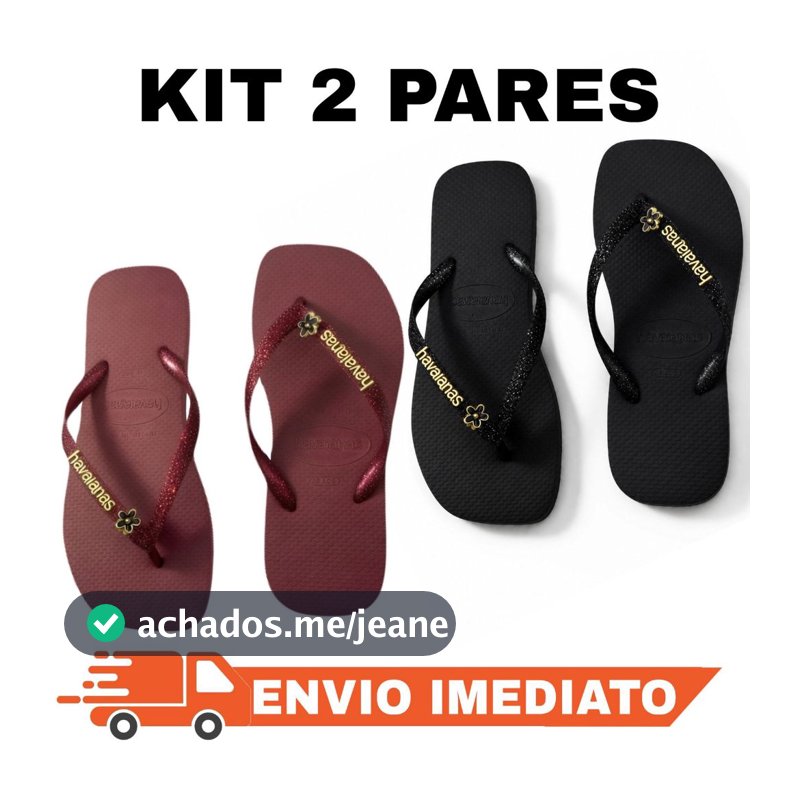 Kit Com 2 Pares de Chinelos Femininos com Glitter e Pingente - Envio Imediato