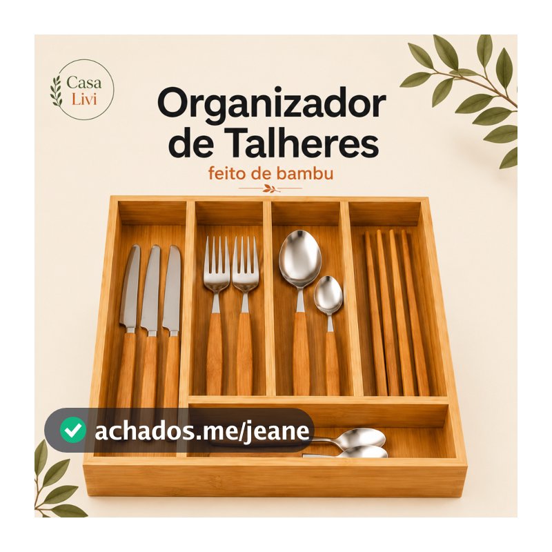 Porta Talheres Mdf + Bambu Organizador com 5 Divisórias para Gaveta cozinha 28 x 34x 4,5 cm