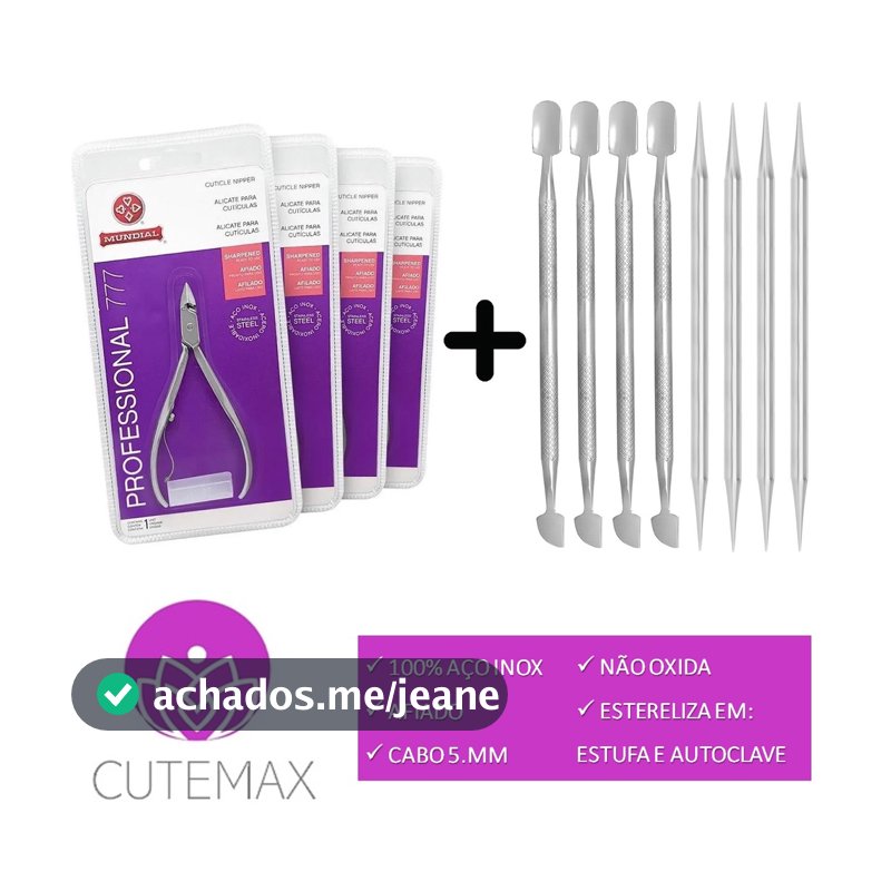 Kit com 4 Alicates de Cutícula Mundial 777 + 4 espátulas + 4 palitos