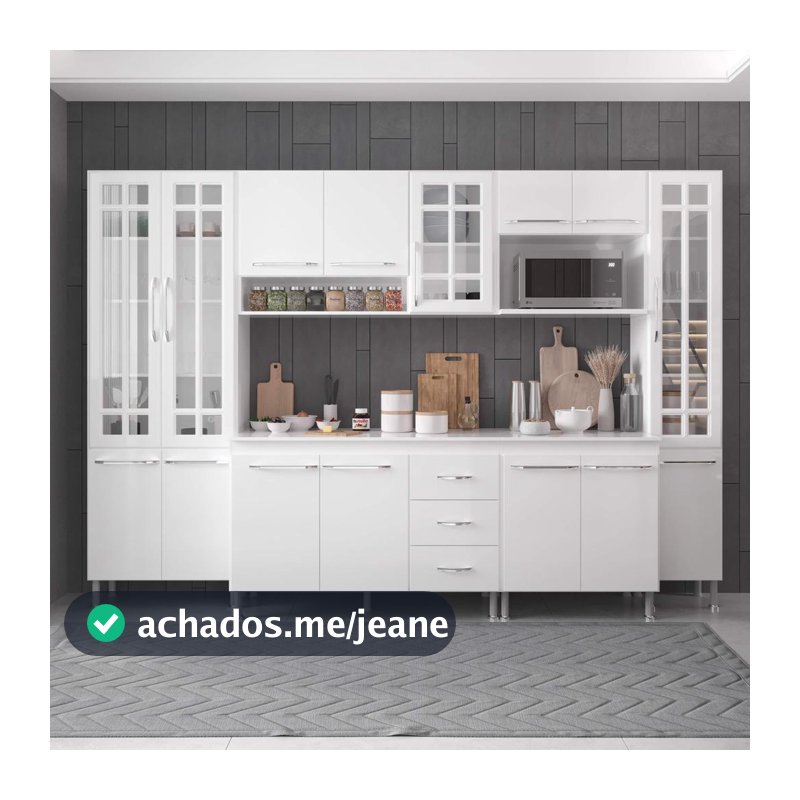 Cozinha Modulada Completa Fidelitá Viena 6 Peças 295cm 15 Portas 3 Gavetas Com Tampo Branco